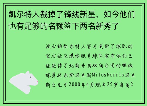 凯尔特人裁掉了锋线新星，如今他们也有足够的名额签下两名新秀了