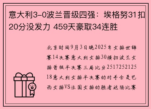 意大利3-0波兰晋级四强：埃格努31扣20分没发力 459天豪取34连胜