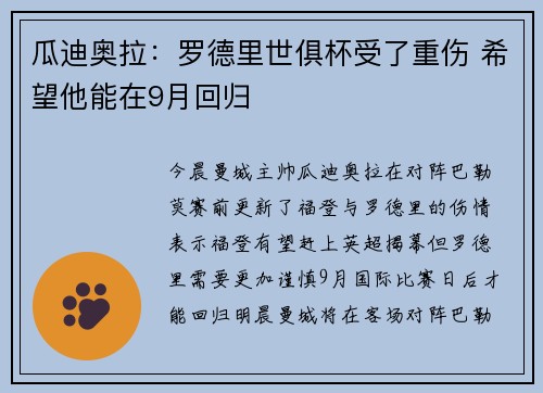 瓜迪奥拉：罗德里世俱杯受了重伤 希望他能在9月回归